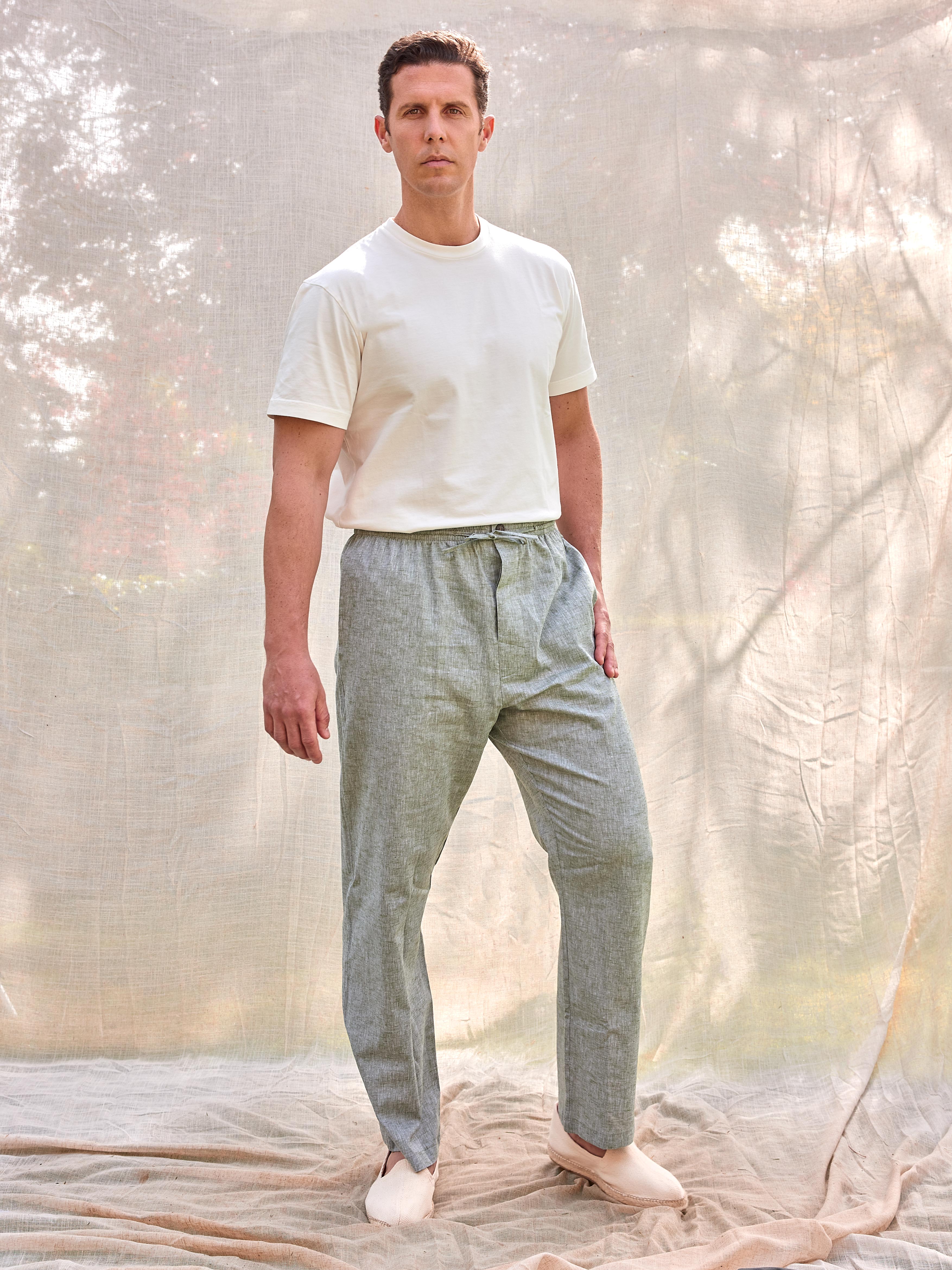 Pantalones verano lino algodón hombre verde oliva cordones fluido verano España casual elegante cómodos Arzalè