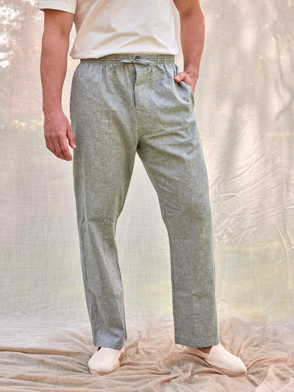 Pantalones verano lino algodón premium hombre verde oliva cordones fluido verano España