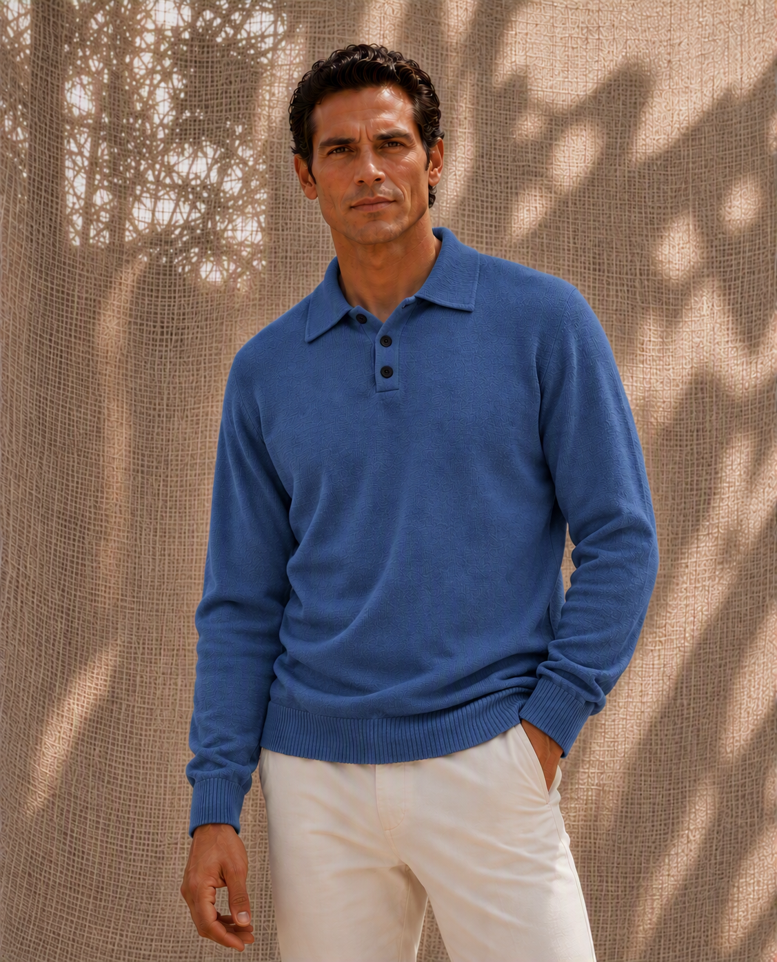 Polo sartorial de manga larga azul cobalto en algodón orgánico y merino, puesto en modelo — Arzalè